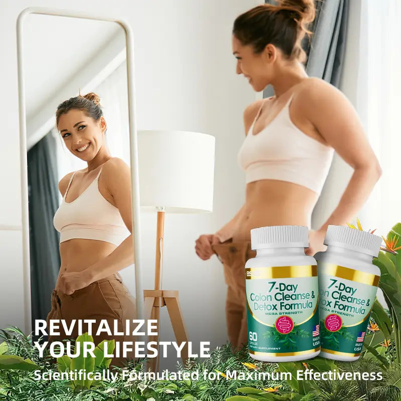 Two white plastic bottles with green and gold labels containing 60 tablets each of 7 day colon cleanse and detox formula capsules designed for colon cleanse and detox formula use.
