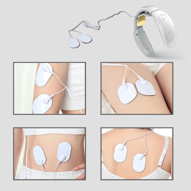 white intelligent cervical massager with gold massage heads and matching white electrode pads for targeted muscle relief and ergonomic comfort