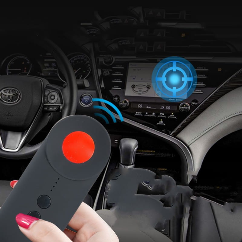 black handheld positioning gps detector with a prominent red circular button and smaller black buttons designed for signal detection and gps detector wifi functions in car keyless entry or remote control use