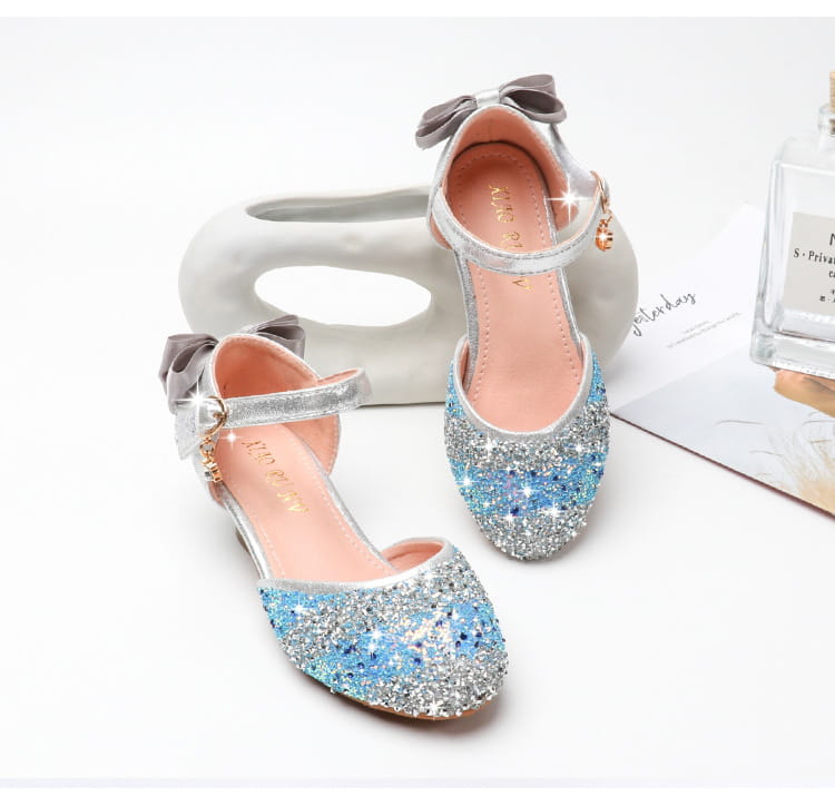 Girls high heel summer rhinestone sparkling sandals featuring blue and silver glitter mary jane shoes with a satin bow on the strap.