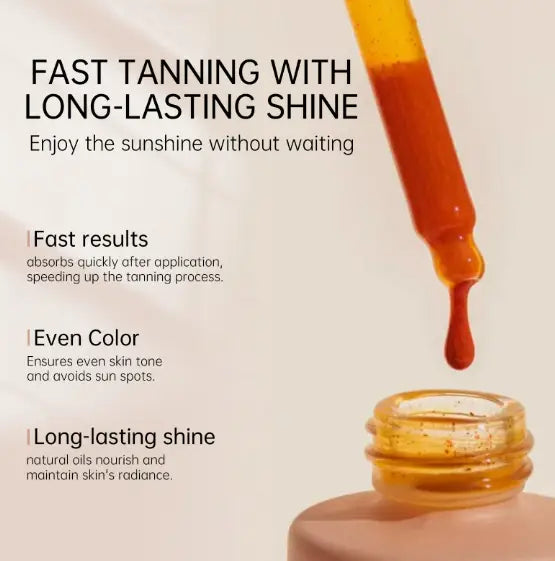 a dropper filled with amber-colored tanning face serum hovers above a matching glass bottle of watermelon tanning face serum with skin repair drops designed for face and body use