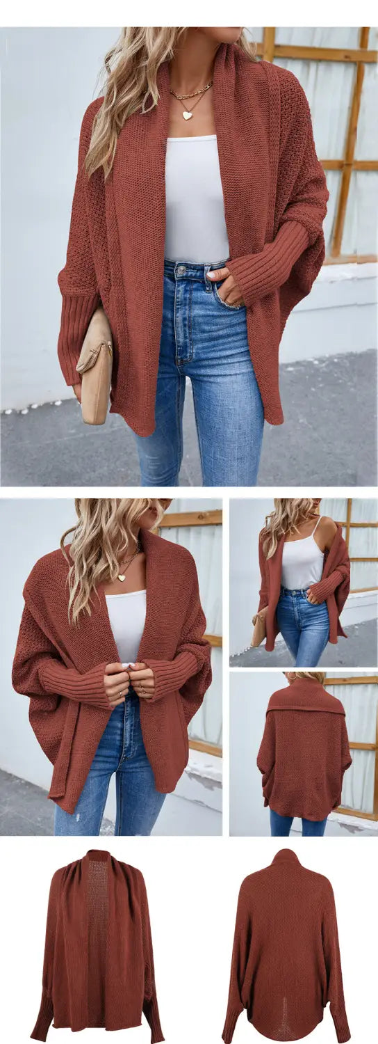 rust-colored loose knitted sweater solid cardigan with an open-front design and ribbed cuffs made from soft knit material