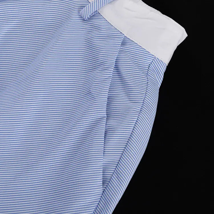 blue and white striped cotton shirt with a crisp collar paired with a lace splicing sling vest and big swing skirt set showcasing the splicing sling vest high style