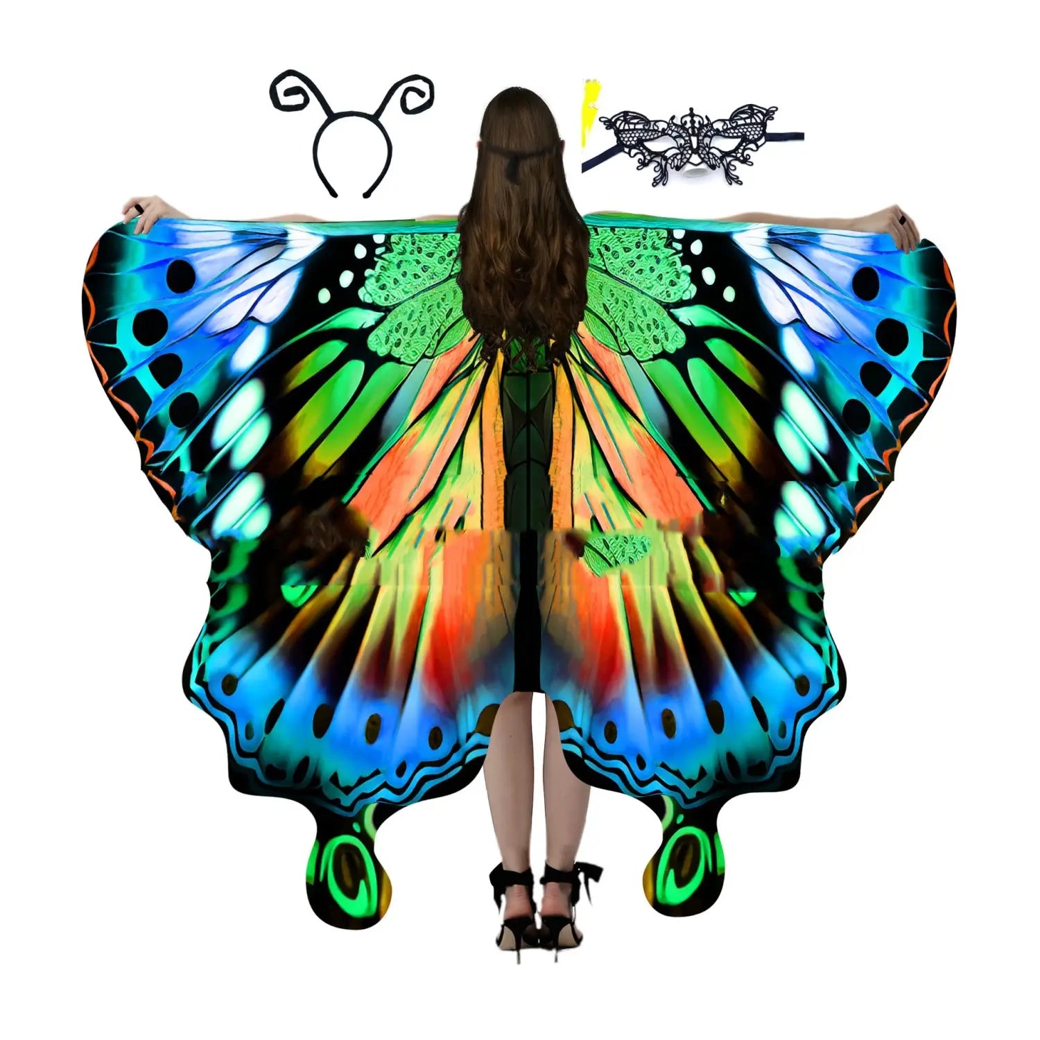 Vibrant iridescent butterfly wing cape with a gradient of blue green orange and black patterns featured in the american butterfly talma halloween costume.