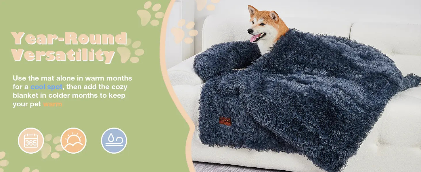 a fluffy plush dog couch bed mat in dark blue featuring a plush, shaggy, and cozy textured surface.