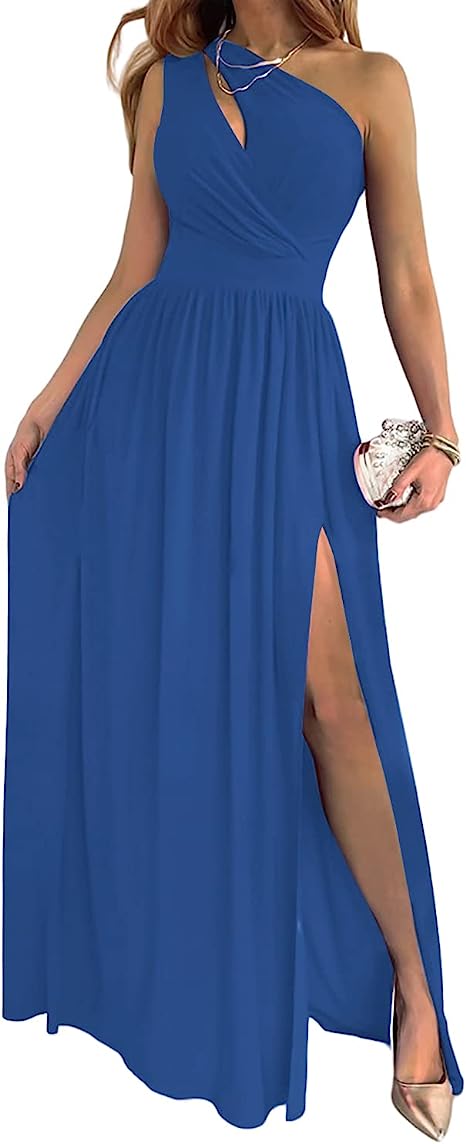 A flowing royal blue one-shoulder cocktail maxi dress with a draped neckline and a high split.