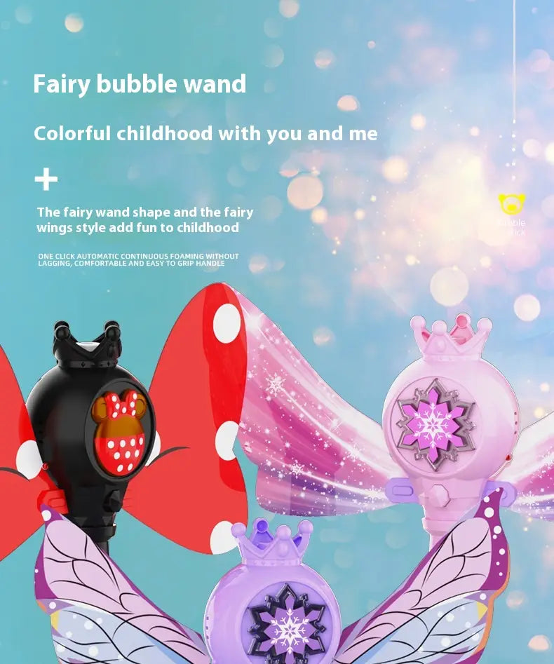 Purple butterfly fairy bubble stick featuring a pink fairy bubble wand with crown and star design and a glossy plastic body.