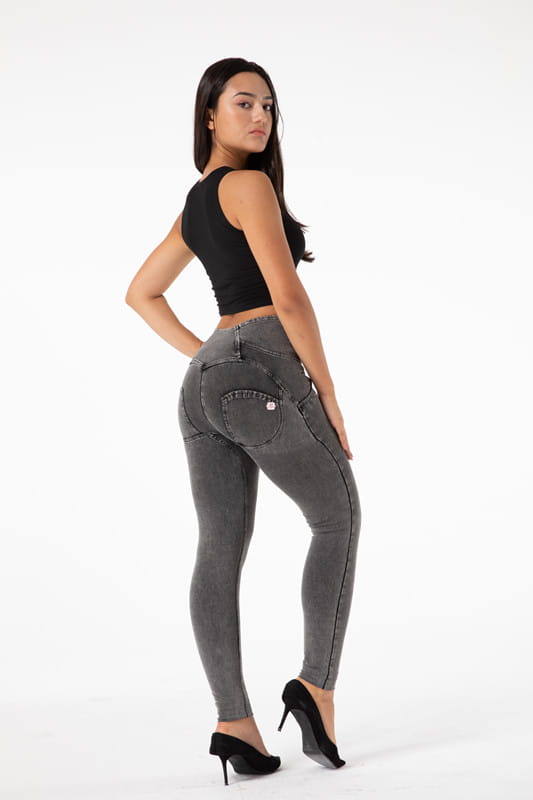 back view of melody high waist gray denim leggings featuring gray high-waisted denim jeans with a contoured back pocket design by shascullfites melody high.