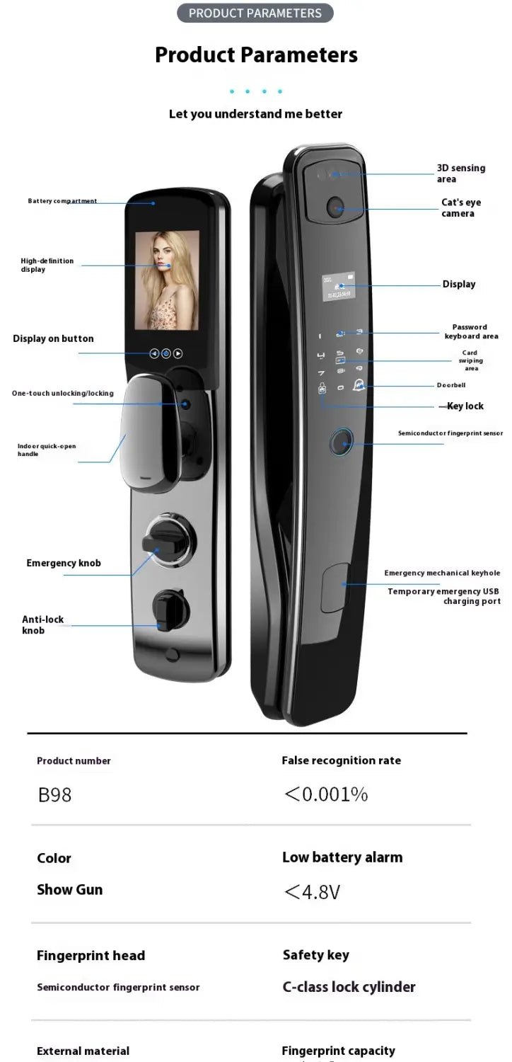 black b98 smart door lock with touchscreen display fingerprint sensor and 3d sensing area designed for home fully automatic fingerprint 3d facial security systems