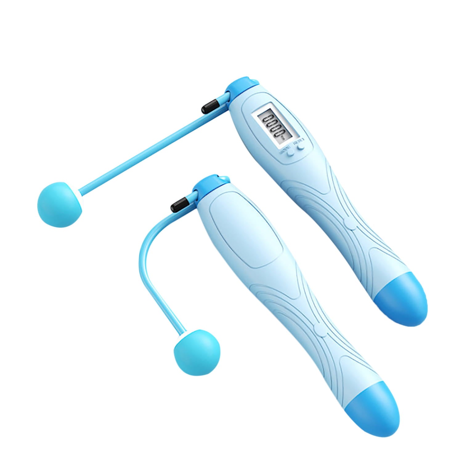 Light blue cordless electronic skipping rope with textured grip handles and spherical end caps designed for convenient skipping rope exercise.
