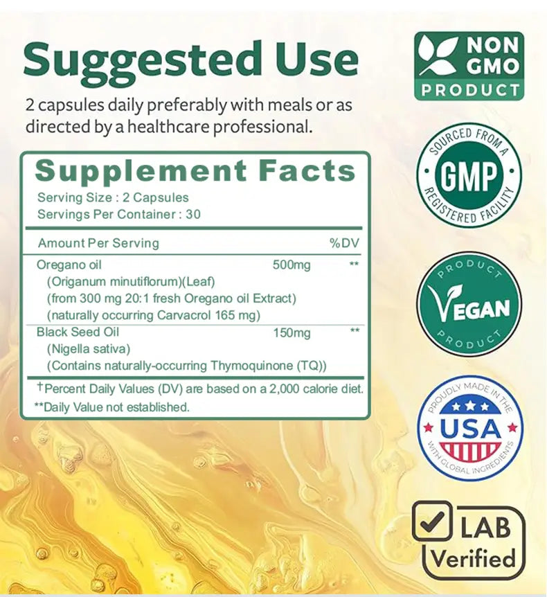 The back side of the black seed oil capsules supplement label displays a non-GMO, vegan formula containing 500mg of oregano oil and 150mg of black seed oil per serving.