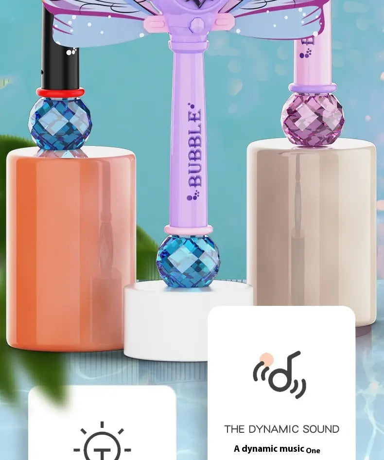 Purple butterfly fairy bubble stick featuring a purple and blue bubble wand with crystal-like spheres at the top and a bubble logo on the handle designed for creating fairy bubbles.