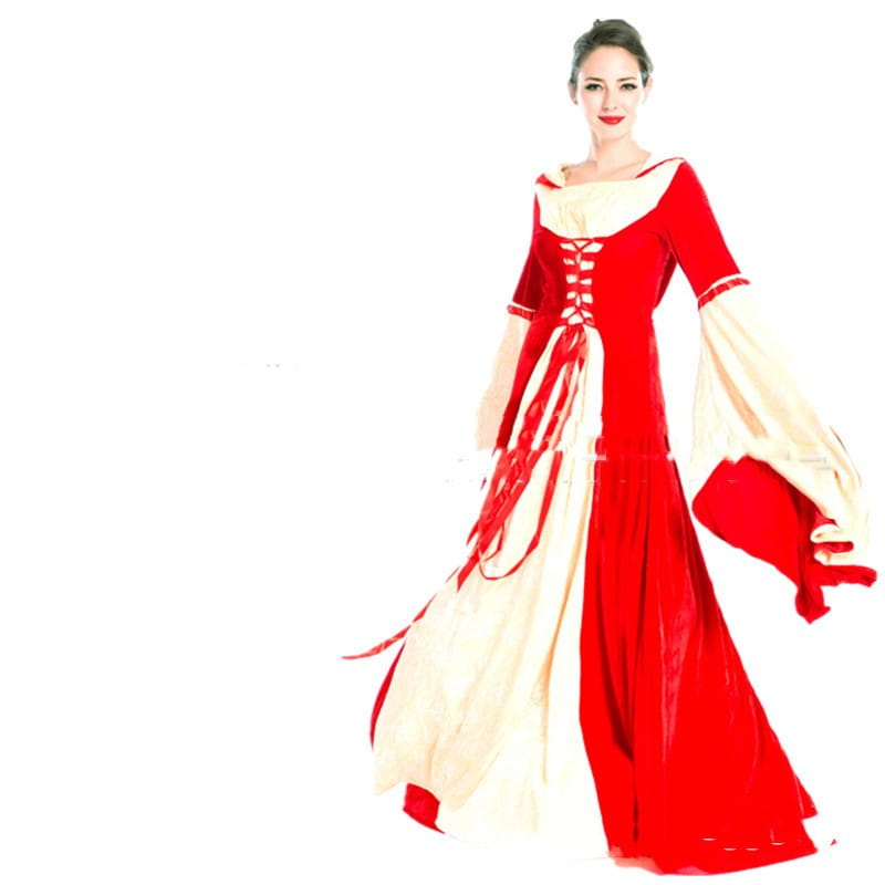 A flowing red and cream-colored velvet halloween cos ball queen dress with medieval-style lace-up front detailing.
