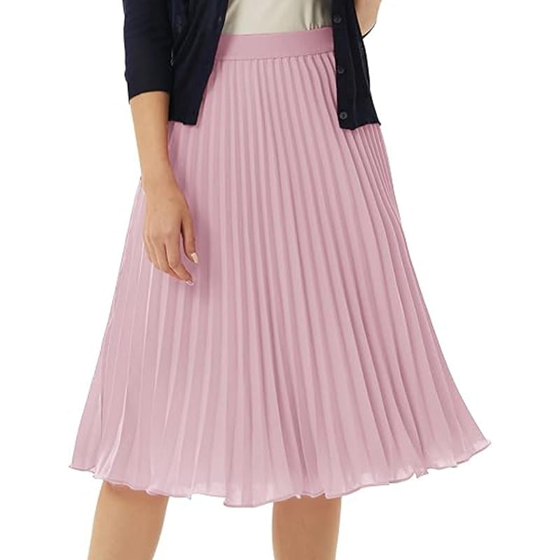 a soft pink pleated midi skirt with a smooth flowing fabric and fitted waistband designed as a large swing casual skirt