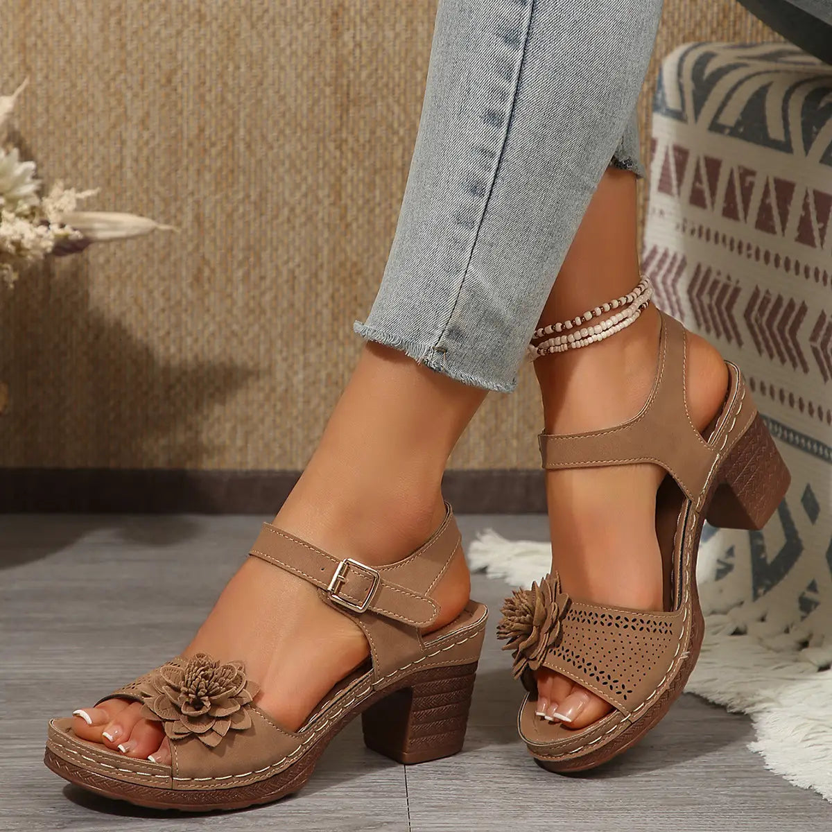 Beige tan leather heel sandals with floral embellishment and chunky block heel ideal for heel sandals summer.