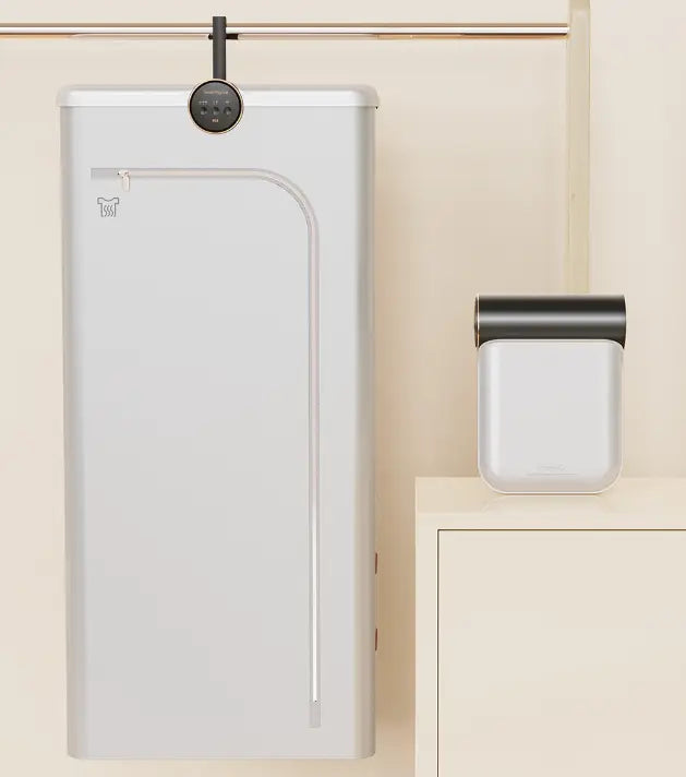 Modern white wall-mounted water heater with a sleek minimalist design and a circular digital control panel suitable for foldable clothes household small quick drying applications.
