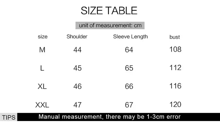 Size chart for llama winter fashion ugly christmas sweater showing measurements in centimeters for sizes m through xxl suitable for autumn winter fashion use.