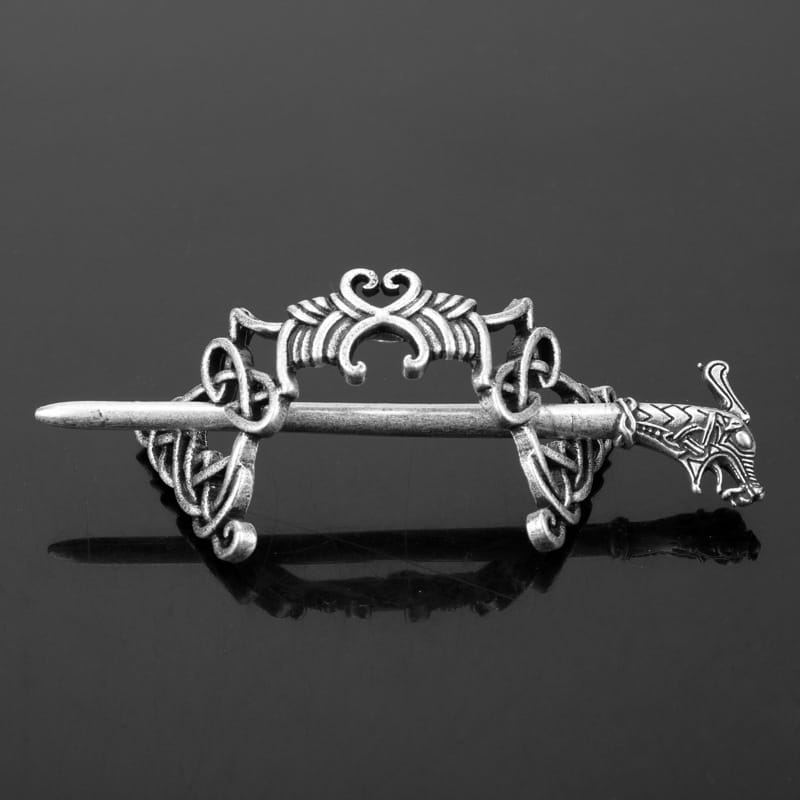 silver celtic knot metal hair clip featuring a silver-colored metal hair clip with intricate viking dragon-themed knotwork and a detailed dragon head at one end.