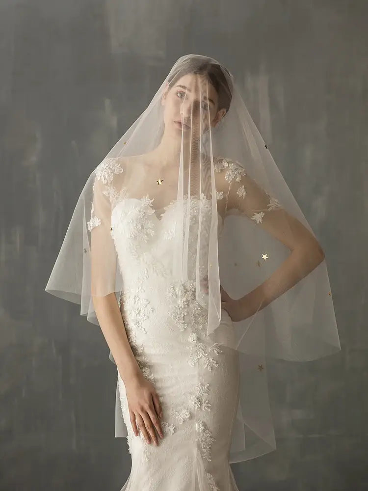 a delicate sheer white wedding veil with intricate floral embroidery and subtle star-shaped embellishments featuring mso-font-pitch variable mso-font-signature design elements