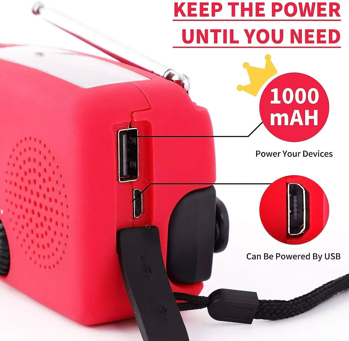 Emergency Weather Radio with Hand Crank and Solar Charging, Power Bank and Flashlight