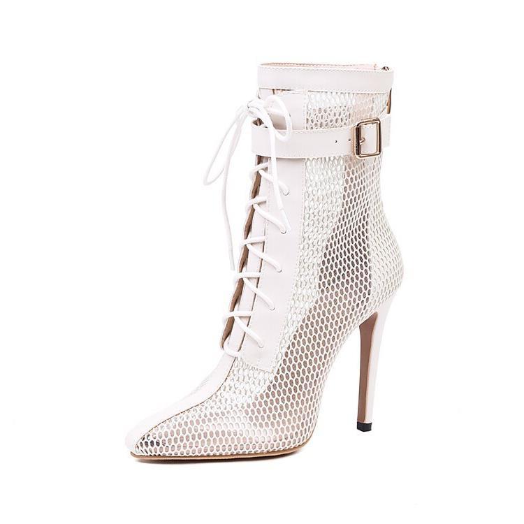 Cream mesh lace up ankle boot with gold toned buckle featuring a large size stiletto high heel design.