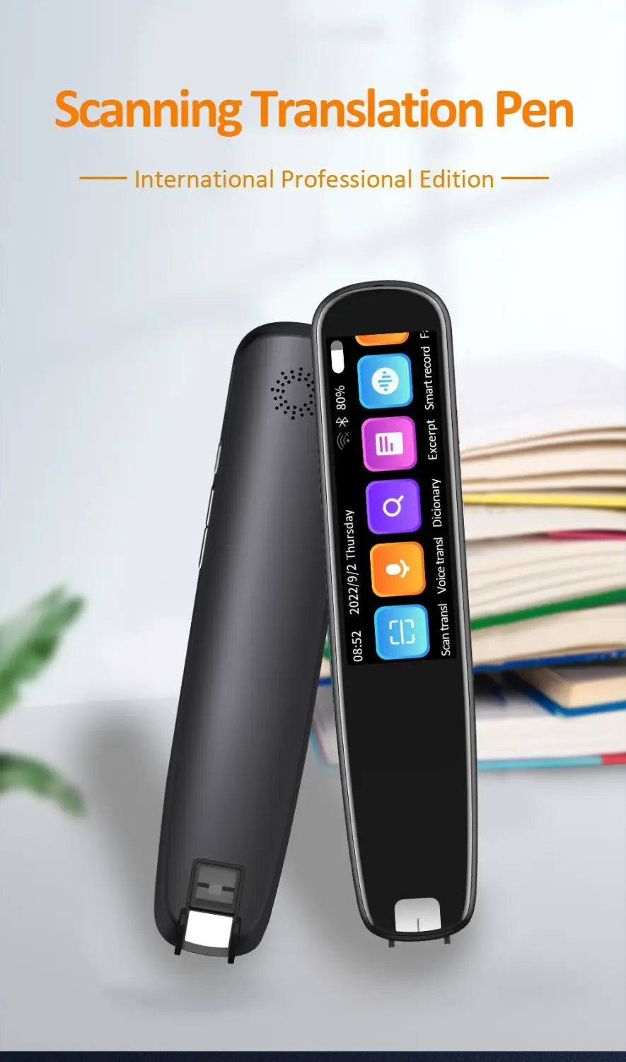 black sleek offline scanning translation dictionary pen with touchscreen interface displaying colorful app icons and status indicators for scanning translation use