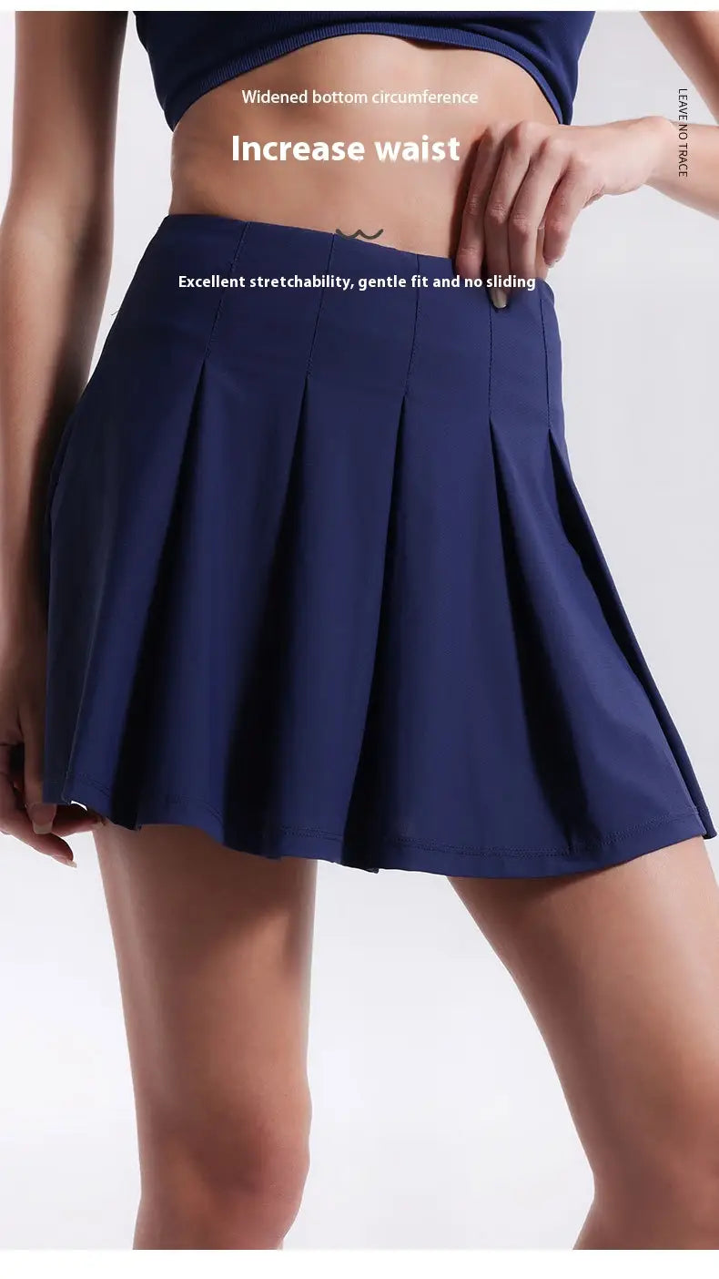 navy blue high waist fitness yoga exercise pleated skirt featuring a widened bottom circumference and elastic waistband designed for aerobics high waist and yoga exercise pleated activities.