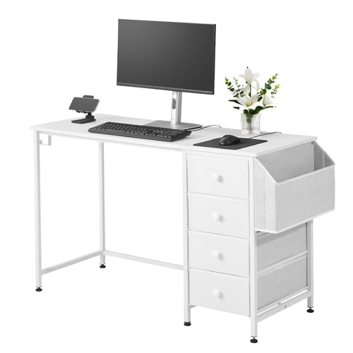 White 47 inch reversible computer desk with 4 fabric drawers