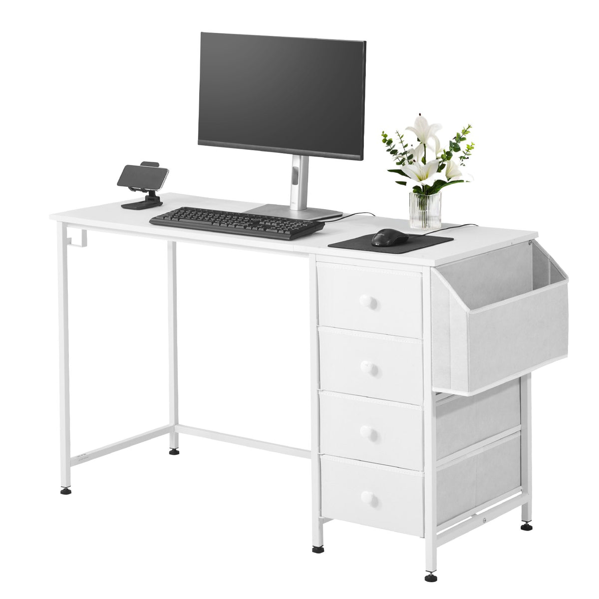White 47 inch reversible computer desk with 4 fabric drawers – view 6