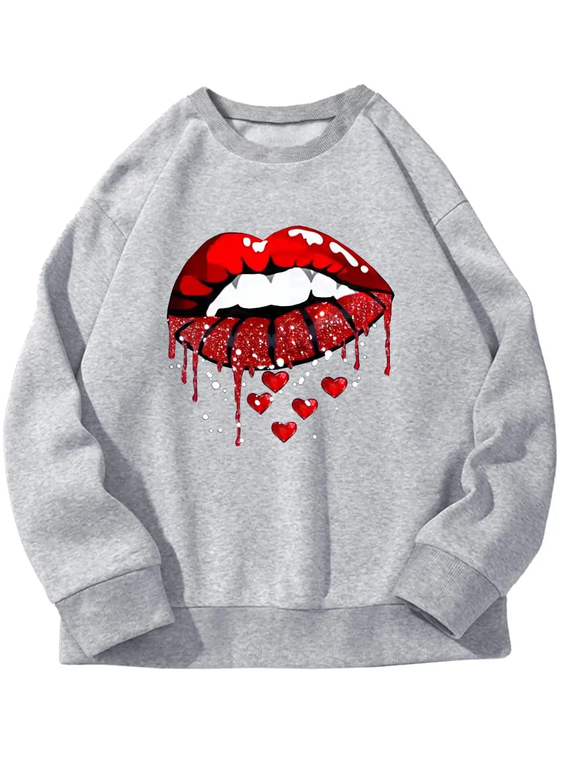 Gray pocketed long sleeve sweatshirt featuring a bold red glittery lips graphic with a dripping effect and small hearts below.