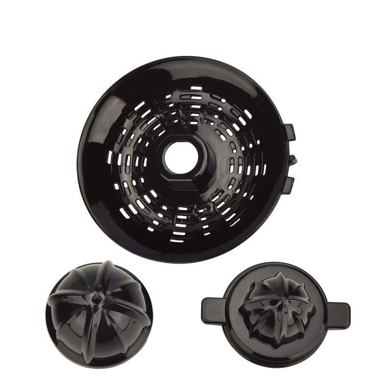 black plastic components of an electric orange juice separation machine designed for efficient juice separation