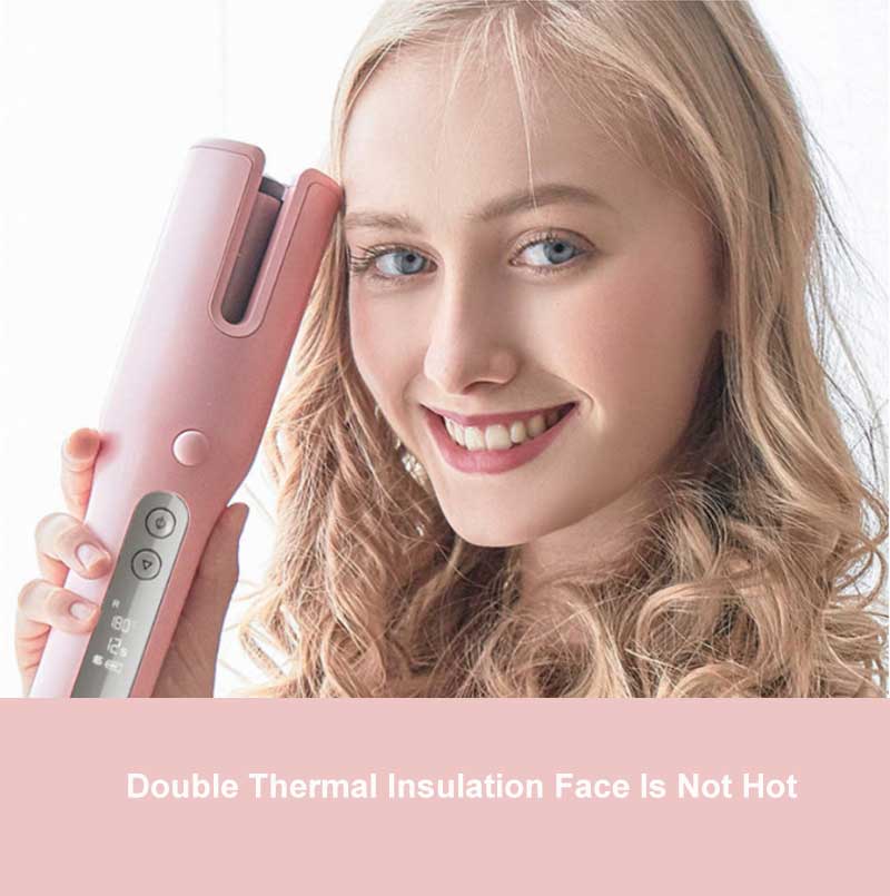 pink handheld wireless automatic curler with a USB LCD screen and temperature controls designed for easy styling