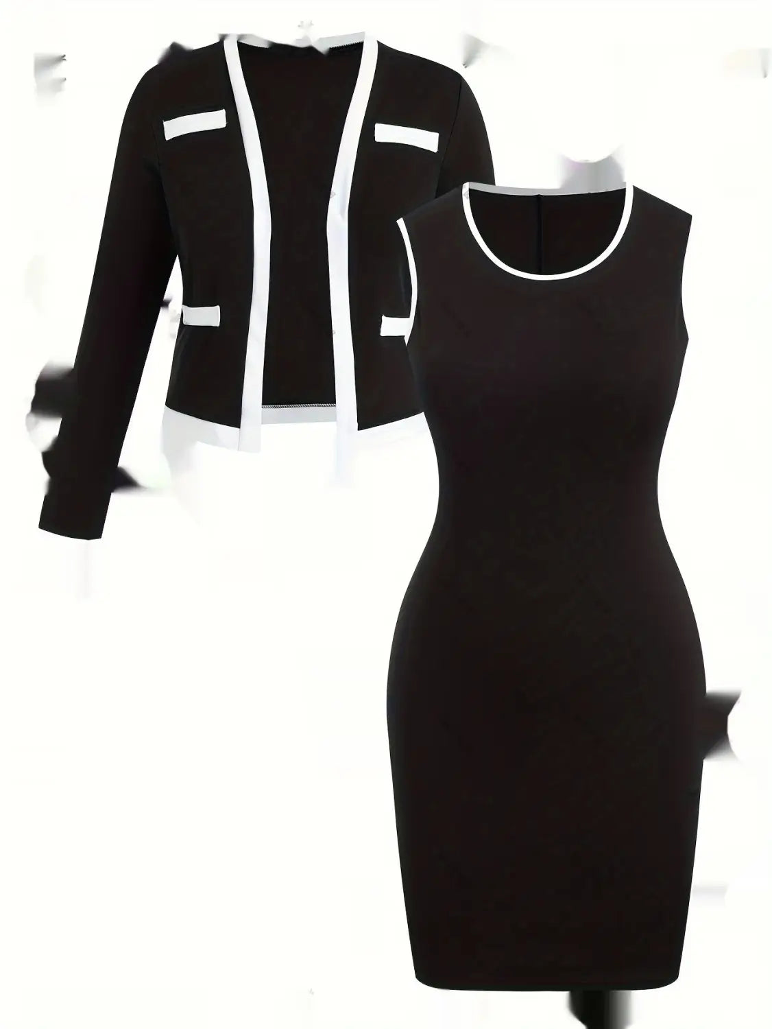 Black sleeveless bodycon dress with white trim around the neckline paired with a women’s color matching hip skirt and blazer set.