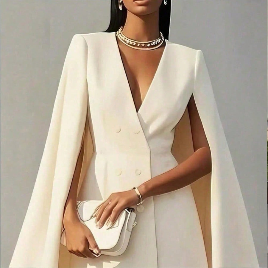 Women's Cape Sleeve Double-Breasted Blazer Mini Dress V-Neck Cocktail Party Dress