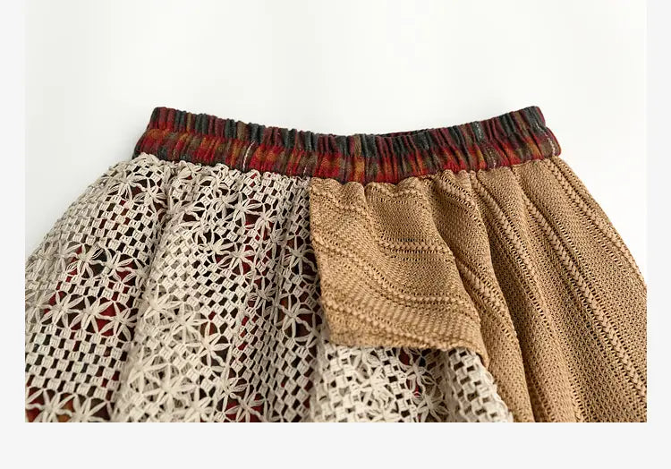 a retro minority irregular plaid beige and cream patchwork knit line skirt featuring a striped elastic waistband
