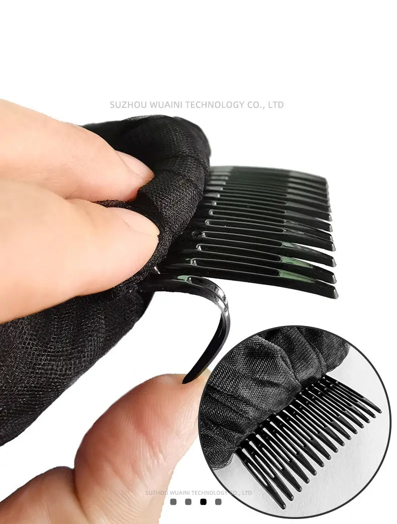 black plastic hair comb with soft black fabric cover attached to the back side of a black veil short lace headdress with floral embroidery