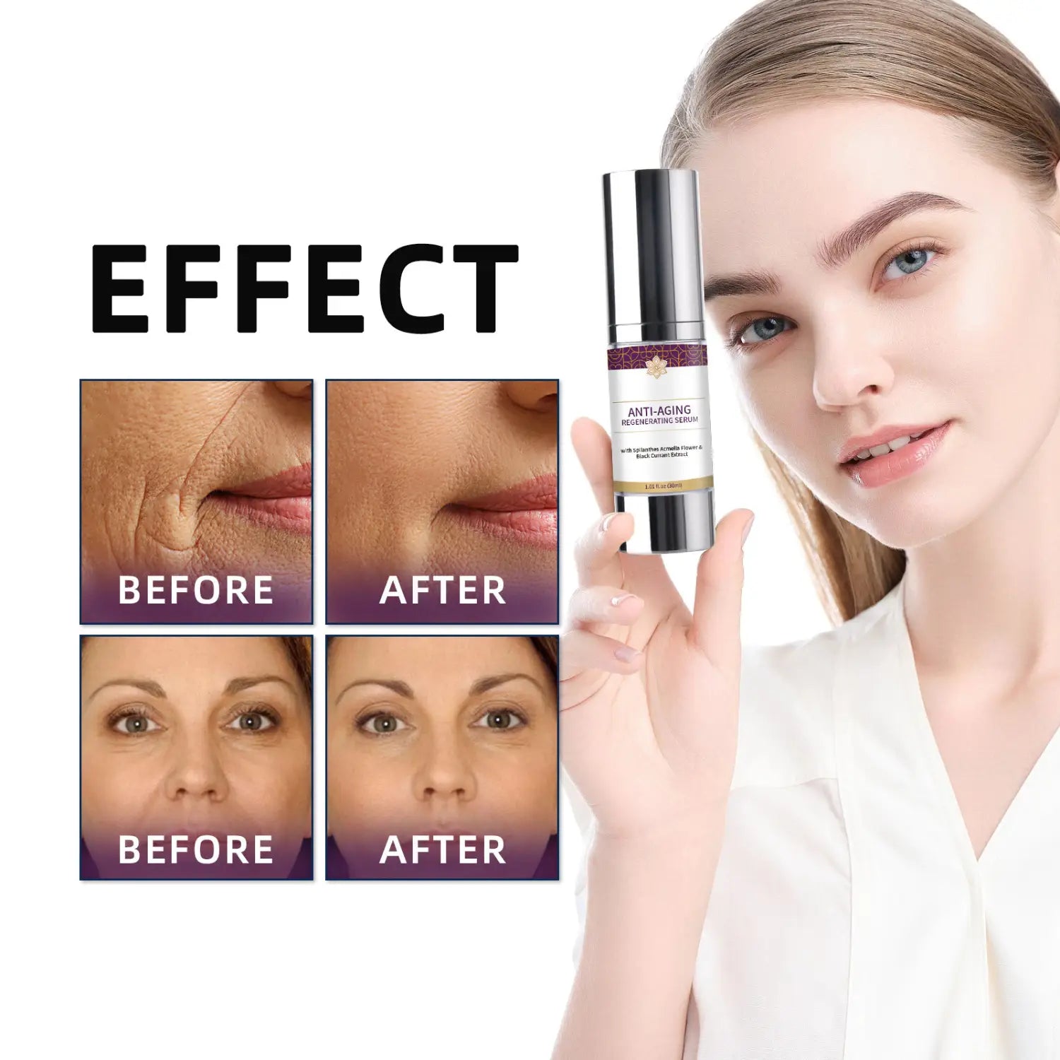 Silver and gold anti-aging regenerating serum bottle with a purple label for wrinkle hydrating care solution