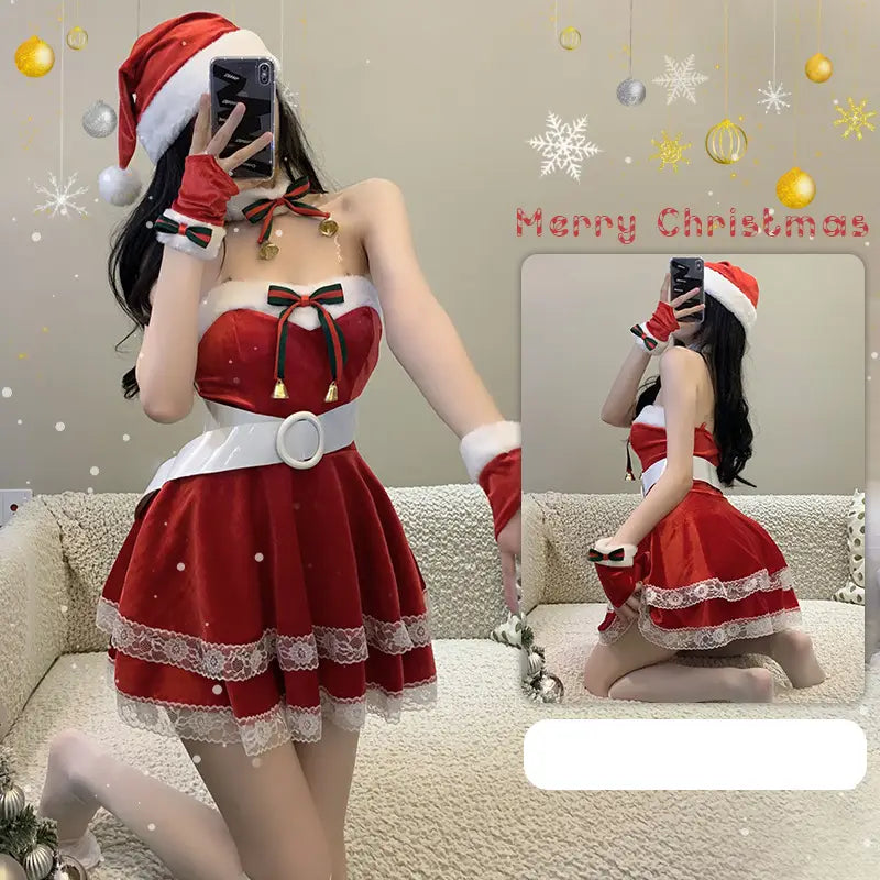 Red velvet christmas dress stage anchor costume featuring white lace trim, a black and red bow at the neckline, and a matching belt.