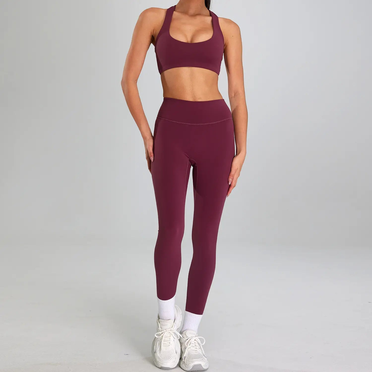 maroon high waist suit outdoor running nude set featuring seamless stretchy fabric leggings and racerback sports bra for suit outdoor running use