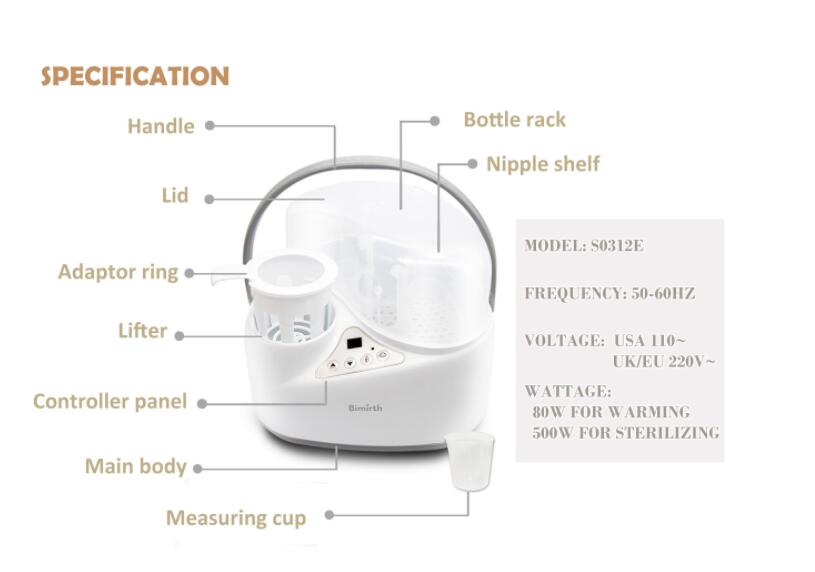 White plastic digital baby bottle sterilizer with handle lid and digital controller panel designed for efficient bottle sterilizer use