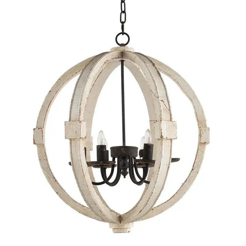 Rustic white globe light wood chandelier featuring a distressed wood sphere design with black metal accents and four exposed bulbs.