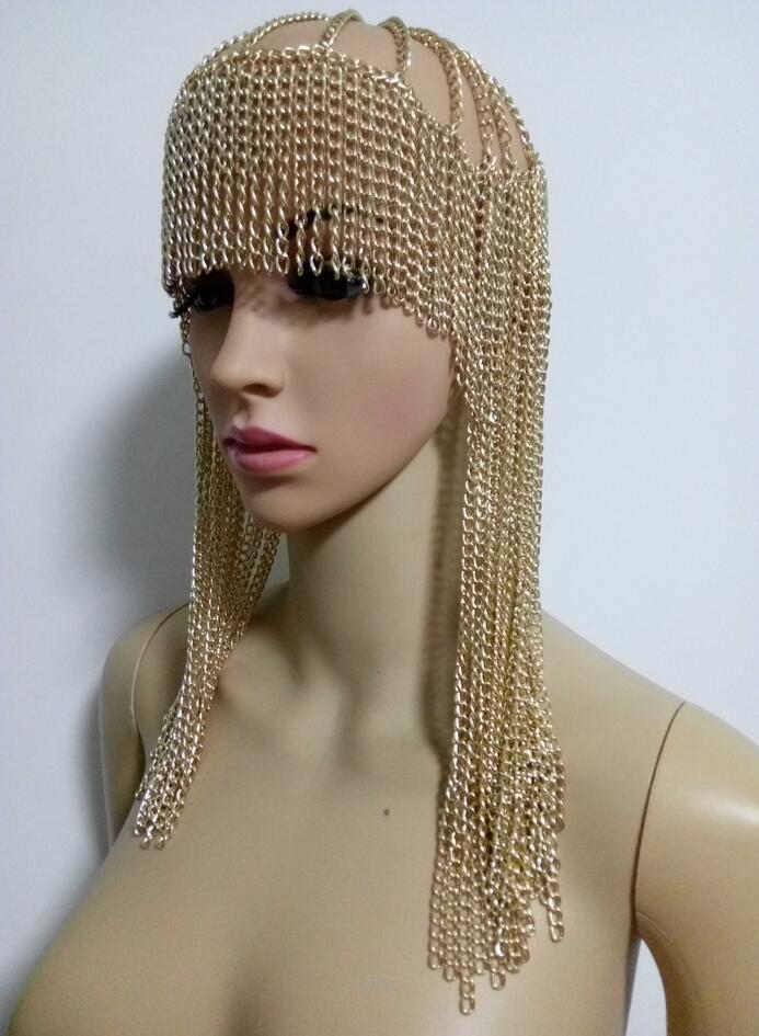 Gold chain mesh dome pendant mask head with cascading fringe gold pendant mask head chain accessory.