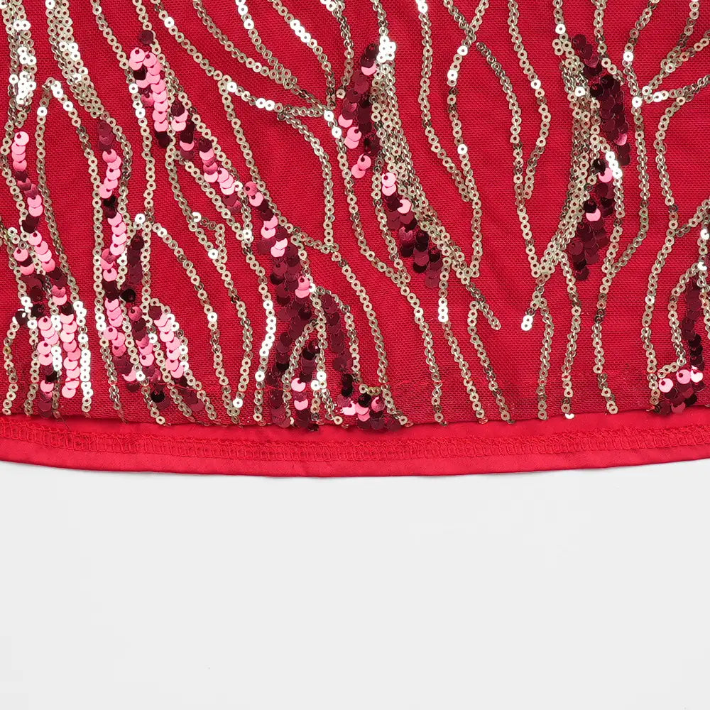 plus size long sleeve sequined evening dress in vibrant red fabric adorned with intricate pink and gold sequin patterns perfect for elegant occasions