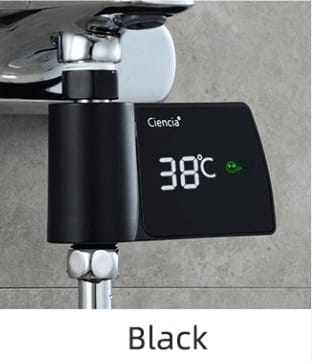 Black digital plastic visual shower valve with a sleek modern design, thermostatic control, and the brand name cienca displayed above the temperature reading for precise power consumption water management.