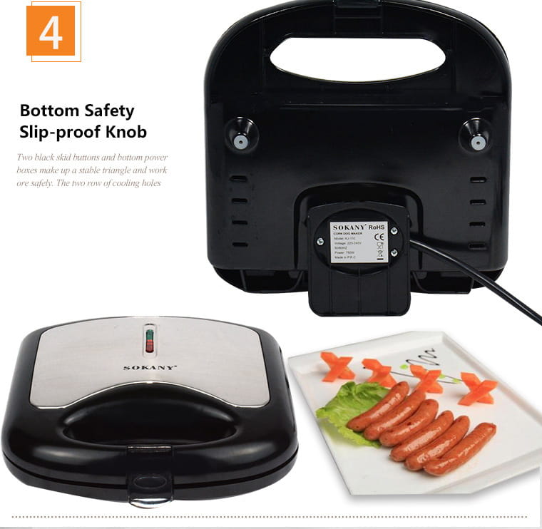 Black and silver Sokany brand 6 slot non stick hot dog sausage frying machine with a sleek compact design