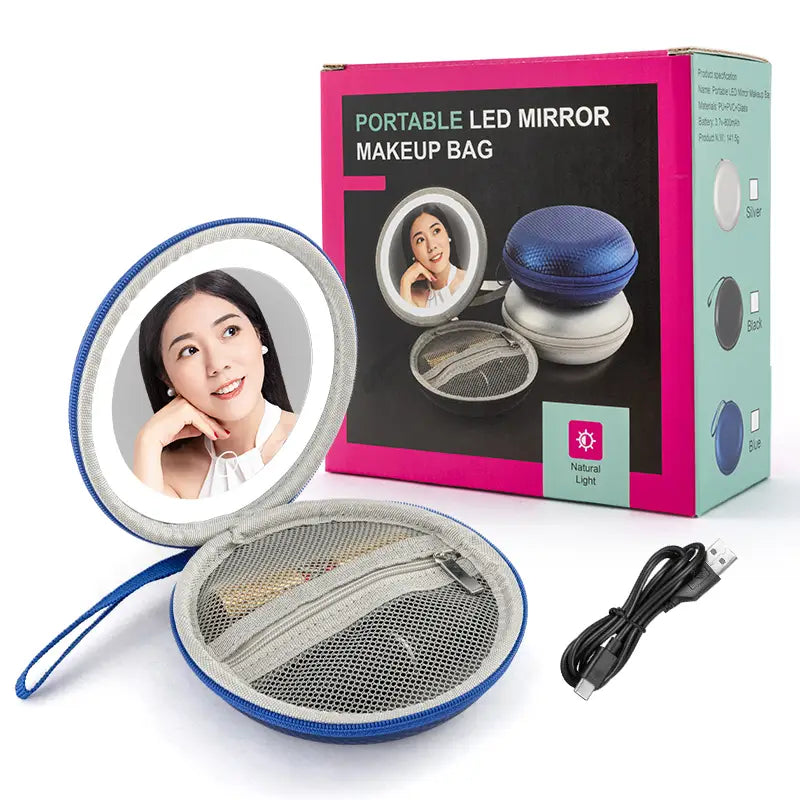 blue and silver round bag mirror case featuring a blue circular portable led mirror with mesh interior and zipper compartment shown open next to its packaging