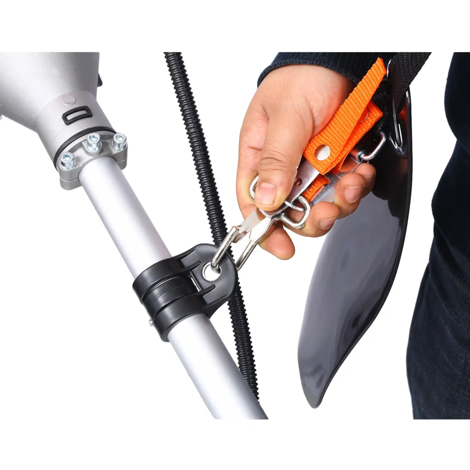 orange webbing strap with metal hook attached to a silver pole of gas powered plastic pruning tools with adjustable handle for efficient plastic pruning and pruning tools usage
