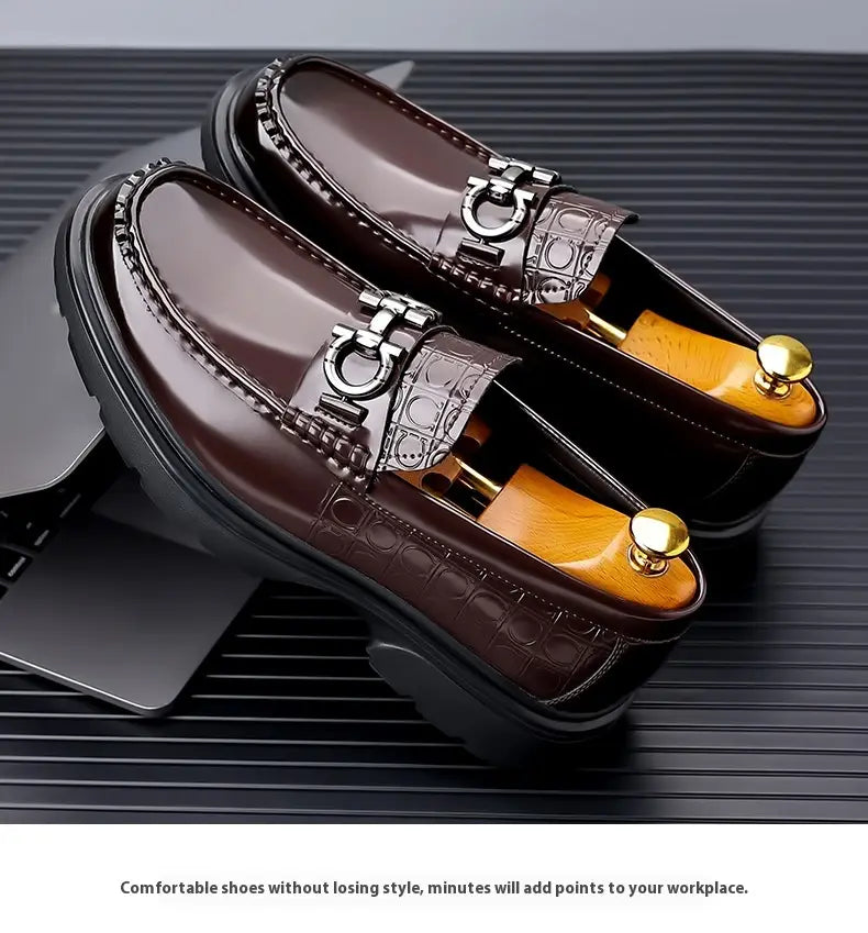Brown patent leather platform retro casual loafers with crocodile texture and silver-tone horsebit buckle.