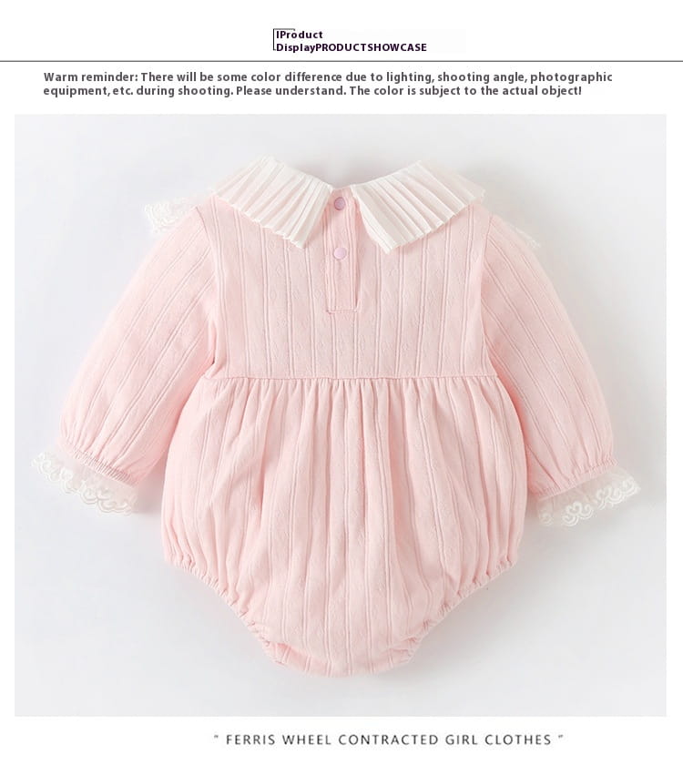 a soft pink long sleeve newborn clothes jumpsuit made of ribbed fabric featuring a pleated collar and delicate lace trim at the cuffs suitable for autumn wear