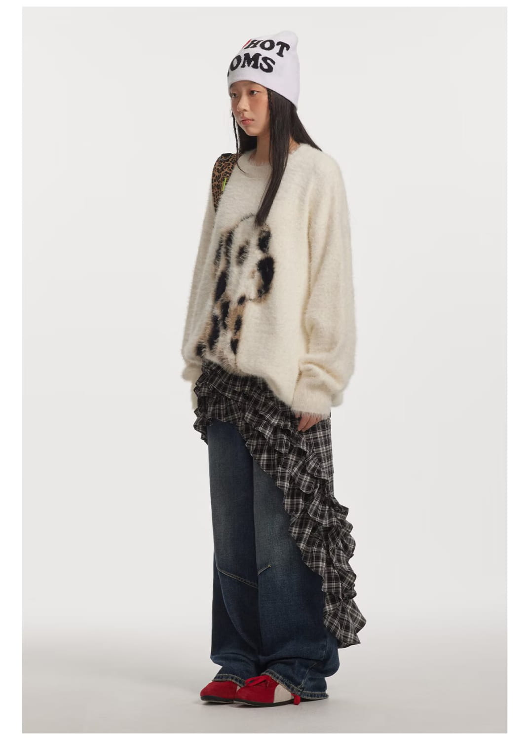 Cream-colored fluffy knit sweater featuring a black and white dog graphic made from jacquard mink cashmere knitted fabric.